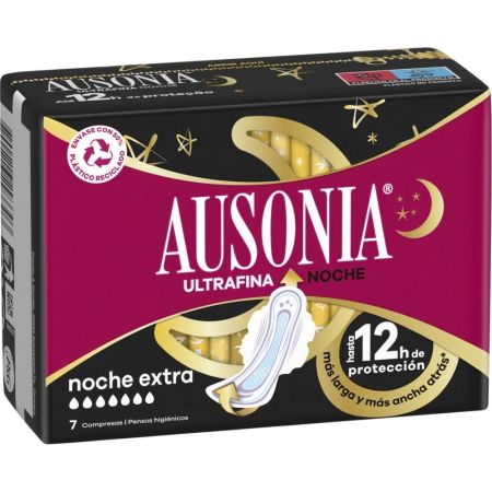 Ausonia Ultrafina Noche Extra Compresas 12h Compresas de noche con alas de doble cobertura para protegerte hasta 12 horas 7 uds