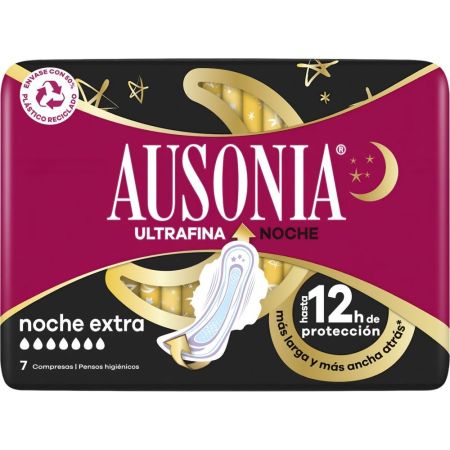 Ausonia Ultrafina Noche Extra Compresas 12h Compresas de noche con alas de doble cobertura para protegerte hasta 12 horas 7 uds