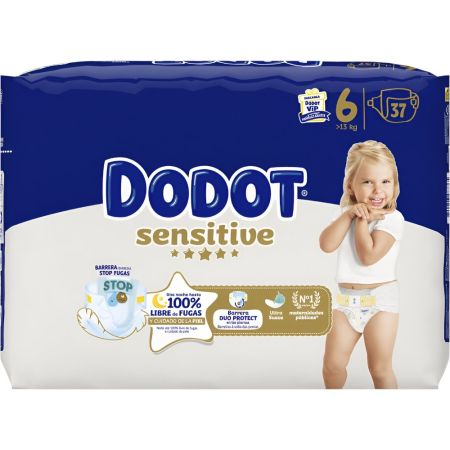 Dodot Pañales Sensitive +13 Kg Talla 6 Pañal de máximo absorción mantendrán seco a tu bebé incluso cuando moje con abundancia 37 uds
