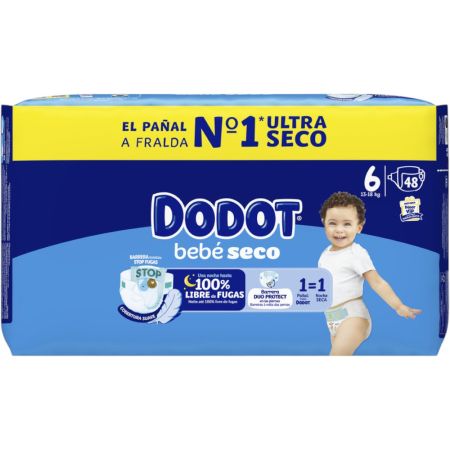 Dodot Pañales Bebé-Seco 13-18 Kg Talla 6 Pañal suave antifugas con ajuste cómodo ofrece hasta 12 horas de protección gracias a su núcleo absorbente 48 uds