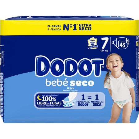 Dodot Pañales Bebé-Seco 15-24 Kg Talla 7 Pañal suave antifugas con ajuste cómodo ofrece hasta 12 horas de protección gracias a su núcleo absorbente 43 uds