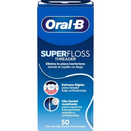 Oral-B Superfloss Threader Tiras De Hilo Dental Seda dental en tiras elimina la placa bacteriana y sarro en las zonas de difícil acceso 50 uds
