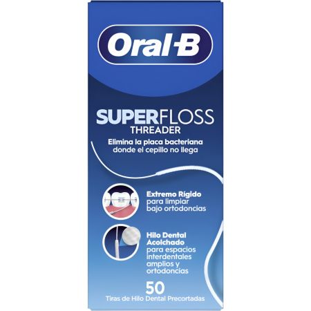 Oral-B Superfloss Threader Tiras De Hilo Dental Seda dental en tiras elimina la placa bacteriana y sarro en las zonas de difícil acceso 50 uds