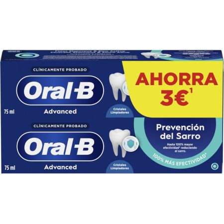 Oral-B Dentífrico Advanced Prevención Del Sarro Formato Especial Pasta de dientes antibacteriana previene el sarro y crecimiento de placa con sabor menta dulce 2x75 ml