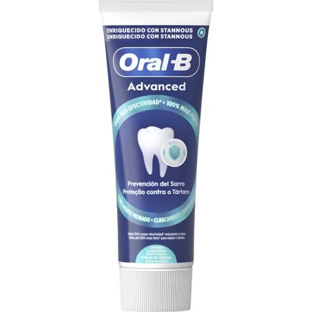 Oral-B Dentífrico Advanced Prevención Del Sarro Extra Frescor Pasta de dientes antibacteriana previene el sarro y crecimiento de placa con sabor menta dulce 75 ml
