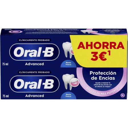 Oral-B Dentífrico Advanced Protección Encías Formato Especial Pasta de dientes antibacteriana ofrece blanqueamiento avanzado 24 horas con sabor a menta fresca 2x75 ml