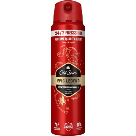 Old Spice Epic Legend Desodorante Body Spray Desodorante de triple acción con 0% aluminio combate olores hasta 24 horas con aroma a vainilla bourbon 150 ml