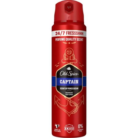 Old Spice Captain Desodorante Body Spray Desodorante con 0% sales de aluminio protege contra mal olor 24 horas con aroma a olas del mar 150 ml