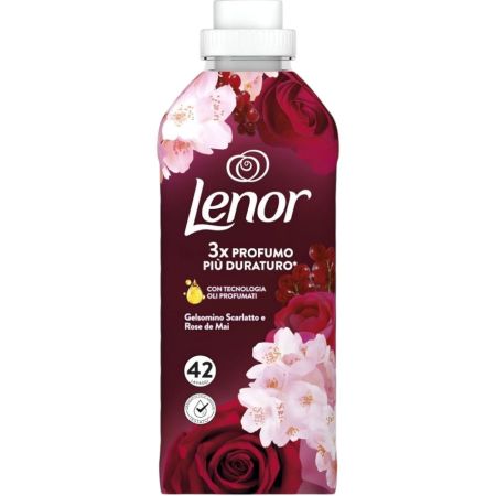Lenor Suavizante Gelsomino Scarlatto E Rose De Mai Suavizante concentrado ofrece frescor duradero suavidad divina y fácil planchado con aroma a frutos rojos 42 lavados 882 ml