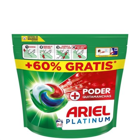 Ariel Detergente Platinum Poder Quitamanchas Detergente en cápsulas elimina manchas resecas incluso en frío preservando los tejidos por más tiempo
