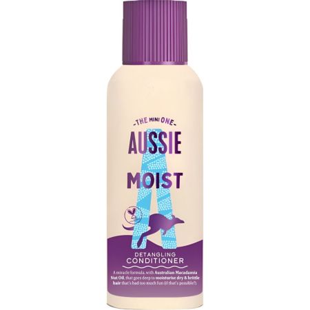 Aussie The Mini One Moist Detangling Conditioner Acondicionador hidratante revitaliza y restaura con aceite de nuez de macadamia para cabello quebradizo y seco 100 ml