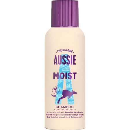 Aussie The Mini One Moist Shampoo Champú hidratante revitaliza y restaura con aceite de nuez de macadamia para cabello quebradizo y seco 100 ml