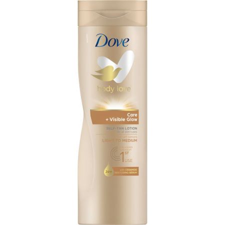 Dove Body Love Care + Visible Glow Self Tan Lotion Loción autobronceadora aporta un hermoso brillo bañado por el sol y nutrición 24 h 400 ml