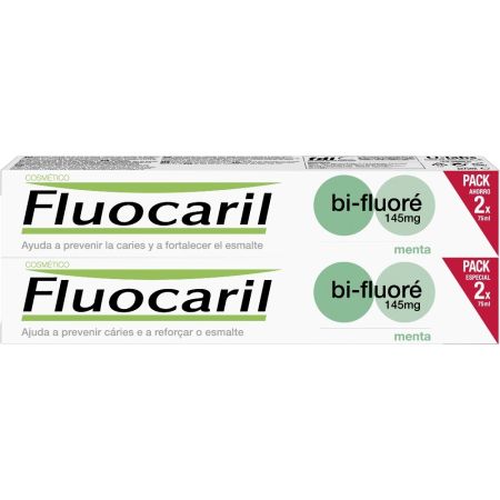 Fluocaril Dentífrico Bi-Fluoré Menta Duplo Pack Ahorro Pasta de dientes ayuda a prevenir la caries y a fortalecer el esmalte 2x75 ml