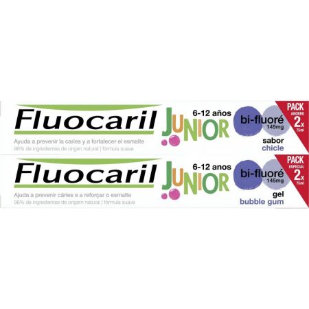 Fluocaril Junior Bi-Fluoré 6-12 Años Pasta Dentífrica Pack Ahorro Pasta de dientes infantil protege y evita acumulación de placa bacteriana con sabor chicle 2x75 ml