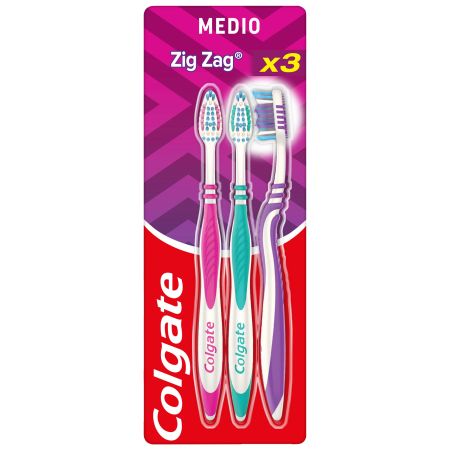 Colgate Cepillo Dental Medio Zig Zag Triplo Cepillo de dientes limpia alcanzando los dientes posteriores 3 uds