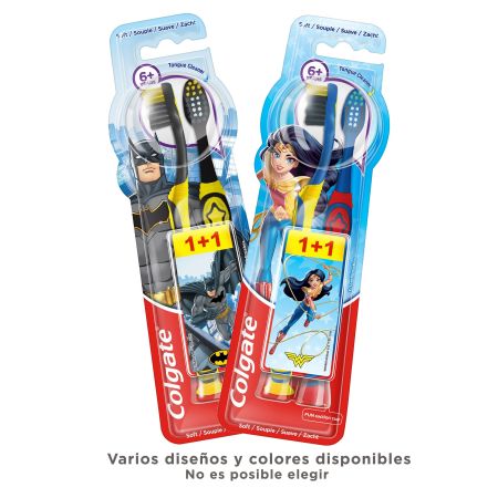 Colgate Cepillo Dental Suave Batman O Wonder Woman +6 Años Duplo Cepillo de dientes infantil para niños con dientes de leche o definitivos 2 uds