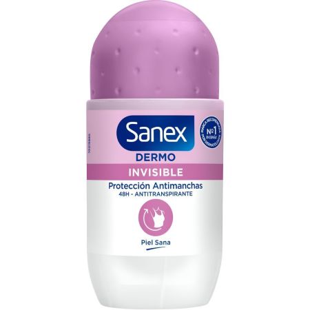 Sanex Dermo Invisible Protección Antimanchas Desodorante Roll-On Desodorante invisible combate la causa del mal olor restaura el ph natural de la piel 50 ml