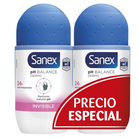 Sanex Ph Balance Dermo Invisible Desodorante Duplo Precio Especial Desodorante antimanchas blancas y antitranspirante 24 horas de protección 2x50 ml