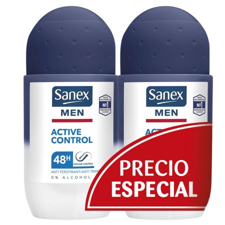 Sanex Men Active Control Desodorante Roll-On Duplo Precio Especial Desodorante de larga duración 48 horas de protección 2x50 ml