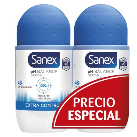 Sanex Ph Balance Dermo Desodorante Roll-On Duplo Precio Especial Desodorante antitranspirante con micro talco 48 horas de protección 2x50 ml
