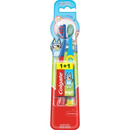 Colgate Cepillo Dental Bluey Extra Suave 2-5 Años Formato Especial Cepillo de dientes infantil con ventosa cabezal pequeño y filamentos extrasuaves para una limpieza efectiva 2 uds