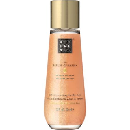 Rituals The Ritual Of Karma Shimmering Body Oil Aceite corporal hidrata suaviza e ilumina con destellos dorados y aroma a flor de loto sagrado y té blanco 100 ml