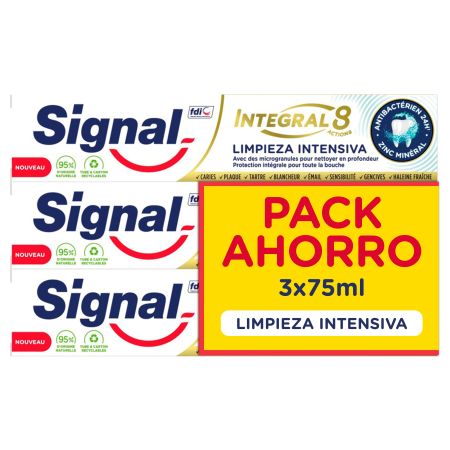 Signal Dentífrico Integral 8 Limpieza Intensiva Pack Ahorro Pasta de dientes limpia en profundidad y purifica tu boca 3x75 ml