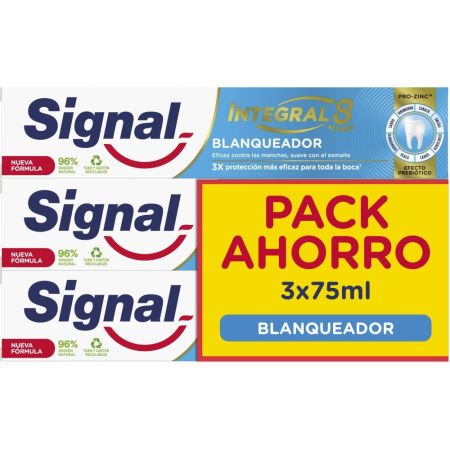 Signal Dentífrico Integral 8 Blanqueador Triple Pack Ahorro Pasta de dientes blanquea tus dientes 3x75 ml