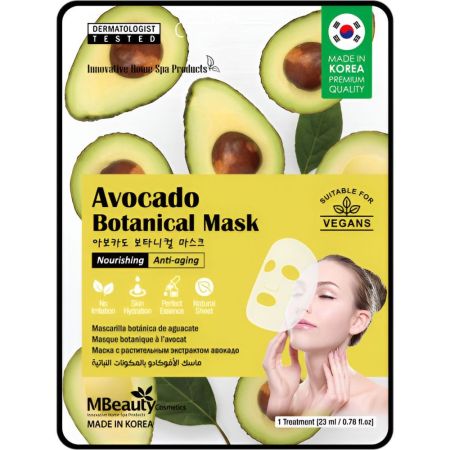 Mbeauty Cosmetics Anti-Aging Avocado Botanical Mask Mascarilla de tela coreana antiedad nutre hidrata calma y refresca con aguacate
