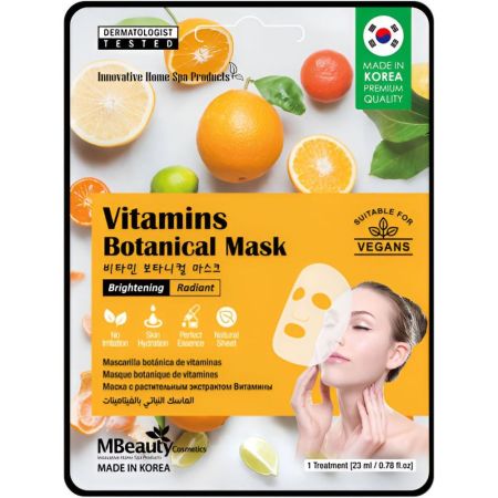 Mbeauty Cosmetics Radiant Vitamins Botanical Mask Mascarilla facial de tela coreana de fórmula suave nutre y protege mejorando suavidad e hidratación