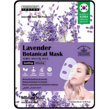 Mbeauty Cosmetics Relaxing Lavender Botanical Mask Mascarilla de tela coreana purifica suaviza revitaliza e hidrata para sensación y aspecto renovados