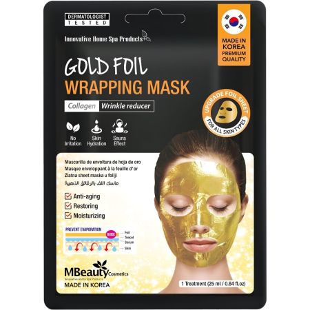 Mbeauty Cosmetics Collagen Gold Foil Wrapping Mask Mascarilla facial de tela coreana reduce arrugas regenera la piel y ofrece hidratación profunda con colágeno