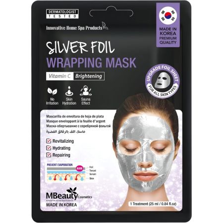 Mbeauty Cosmetics Vitamin C Silver Foil Wrapping Mask Mascarilla facial de tela coreana iluminadora reduce manchas mejorando la textura de la piel con vitamina c