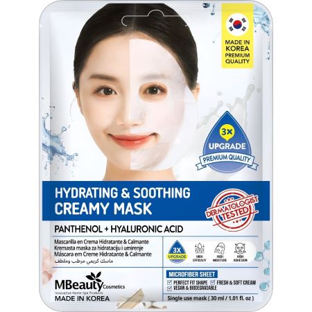 Mbeauty Cosmetics Hydrating & Soothing Creamy Mask Mascarilla facial de tela coreana hidratante y calmante refuerza la barrera cutánea con ácido hialurónico